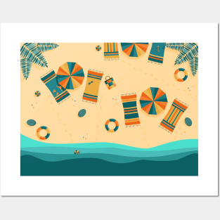 Sandy beach, top view, summer vacation illustration Posters and Art